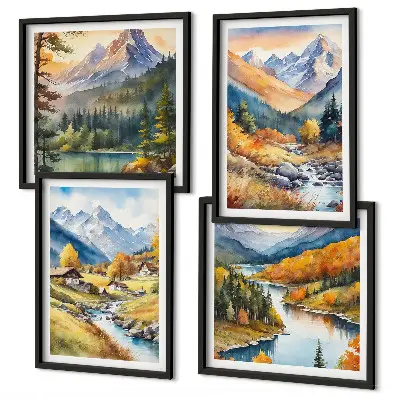 Conjunto de 4 quadros com moldura com paisagem de montanhas, rio e chalés
