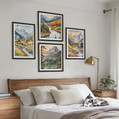 Conjunto de 4 quadros com moldura com paisagem de montanhas, rio e chalés