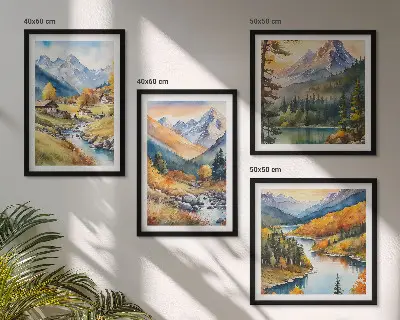 Conjunto de 4 quadros com moldura com paisagem de montanhas, rio e chalés