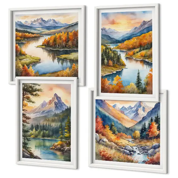 Conjunto de 4 quadros com moldura com paisagens montanhosas e rio