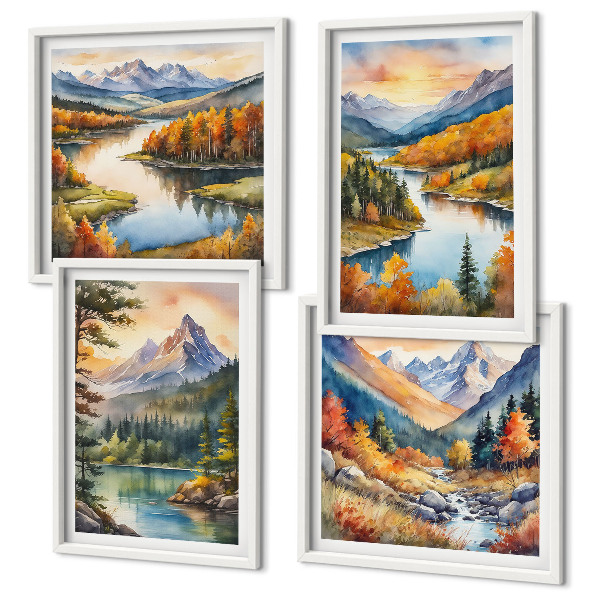 Conjunto de 4 quadros com moldura Paisagens montanhosas com um rio