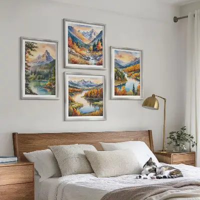 Conjunto de 4 quadros com moldura com paisagens montanhosas e rio
