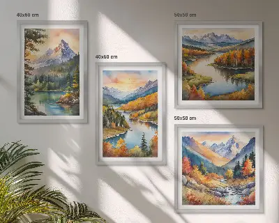 Conjunto de 4 quadros com moldura com paisagens montanhosas e rio