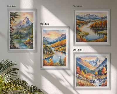 Conjunto de 4 quadros com moldura Paisagens montanhosas com um rio