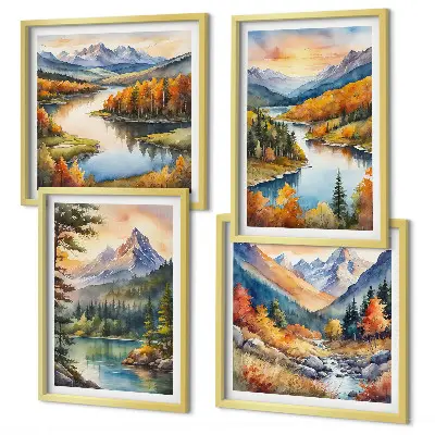 Conjunto de 4 quadros com moldura com paisagens montanhosas e rio