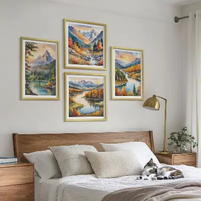 Conjunto de 4 quadros com moldura com paisagens montanhosas e rio