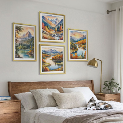 Conjunto de 4 quadros com moldura Paisagens montanhosas com um rio