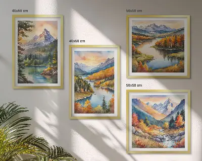 Conjunto de 4 quadros com moldura com paisagens montanhosas e rio
