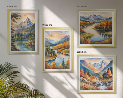 Conjunto de 4 quadros com moldura Paisagens montanhosas com um rio