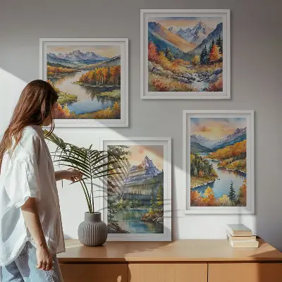 Conjunto de 4 quadros com moldura com paisagens montanhosas e rio