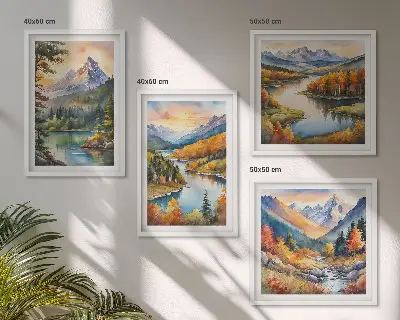 Conjunto de 4 quadros com moldura com paisagens montanhosas e rio