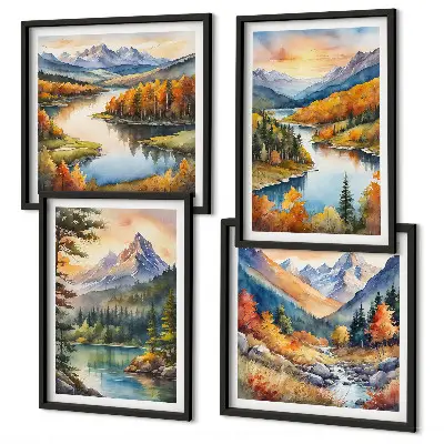 Conjunto de 4 quadros com moldura com paisagens montanhosas e rio