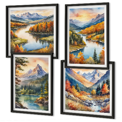 Conjunto de 4 quadros com moldura Paisagens montanhosas com um rio