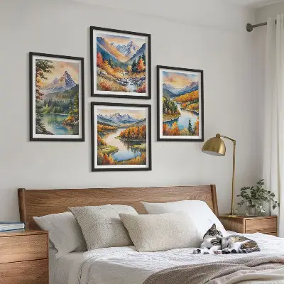 Conjunto de 4 quadros com moldura com paisagens montanhosas e rio