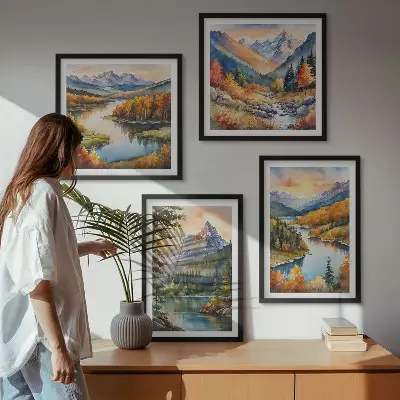 Conjunto de 4 quadros com moldura com paisagens montanhosas e rio