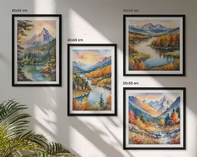 Conjunto de 4 quadros com moldura com paisagens montanhosas e rio