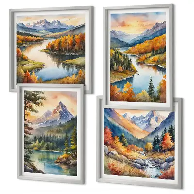 Conjunto de 4 quadros com moldura com paisagens montanhosas e rio