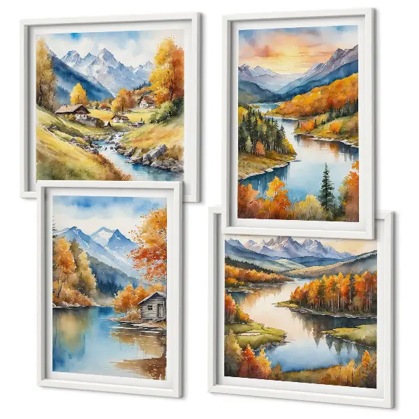 Conjunto de 4 quadros com moldura tema chalé de outono nas montanhas e rios