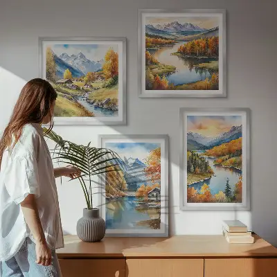 Conjunto de 4 quadros com moldura tema chalé de outono nas montanhas e rios