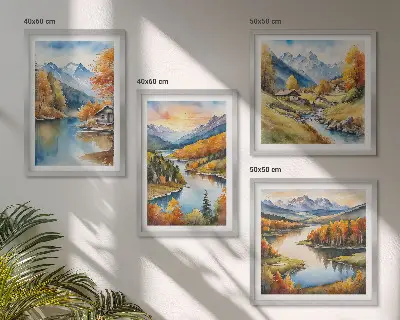 Conjunto de 4 quadros com moldura tema chalé de outono nas montanhas e rios