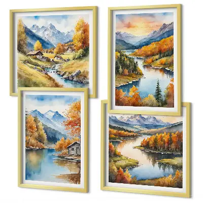 Conjunto de 4 quadros com moldura tema chalé de outono nas montanhas e rios