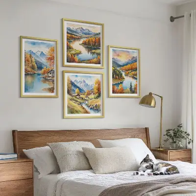 Conjunto de 4 quadros com moldura tema chalé de outono nas montanhas e rios