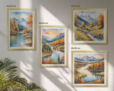 Conjunto de 4 quadros com moldura tema chalé de outono nas montanhas e rios