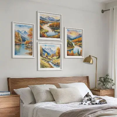 Conjunto de 4 quadros com moldura tema chalé de outono nas montanhas e rios