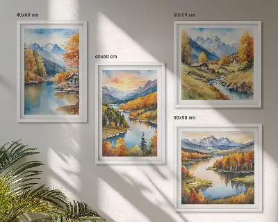 Conjunto de 4 quadros com moldura tema chalé de outono nas montanhas e rios
