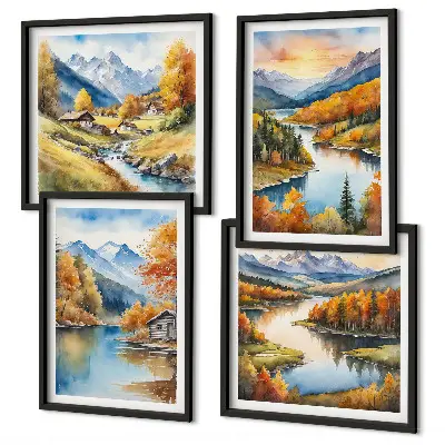 Conjunto de 4 quadros com moldura tema chalé de outono nas montanhas e rios
