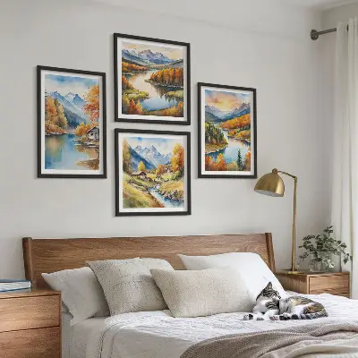 Conjunto de 4 quadros com moldura tema chalé de outono nas montanhas e rios