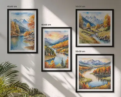 Conjunto de 4 quadros com moldura tema chalé de outono nas montanhas e rios