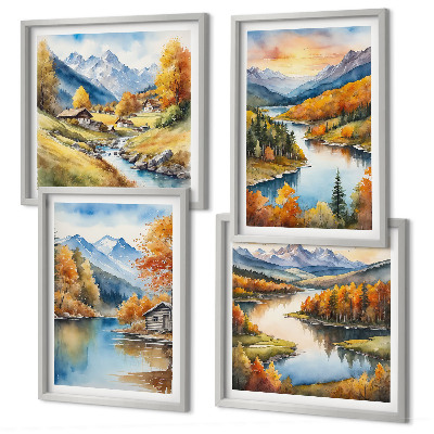 Conjunto de 4 quadros com moldura chalé de outono nas montanhas e rios