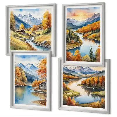 Conjunto de 4 quadros com moldura tema chalé de outono nas montanhas e rios