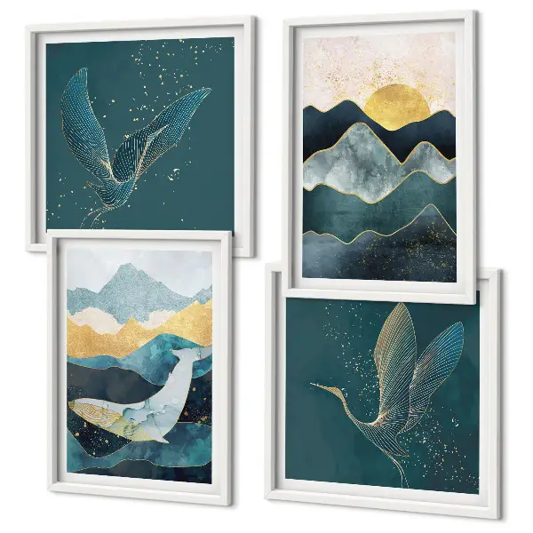 Conjunto de quadros com arte abstrata de montanhas e guindastes