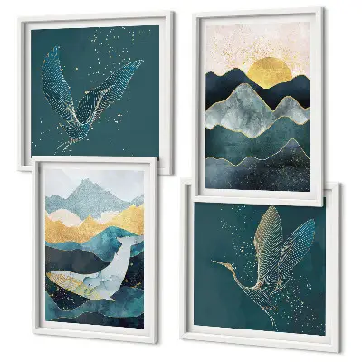Conjunto de quadros com arte abstrata de montanhas e guindastes