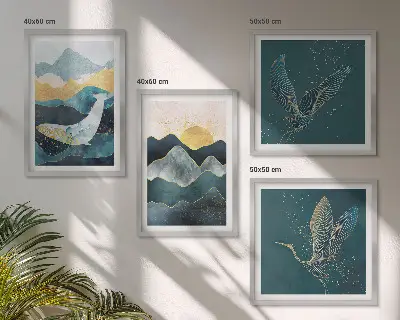 Conjunto de quadros com arte abstrata de montanhas e guindastes