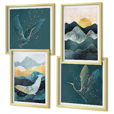 Conjunto de quadros com arte abstrata de montanhas e guindastes