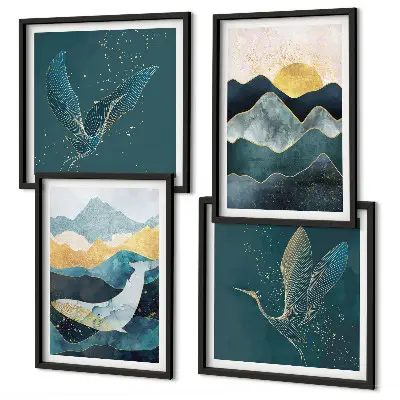 Conjunto de quadros com arte abstrata de montanhas e guindastes