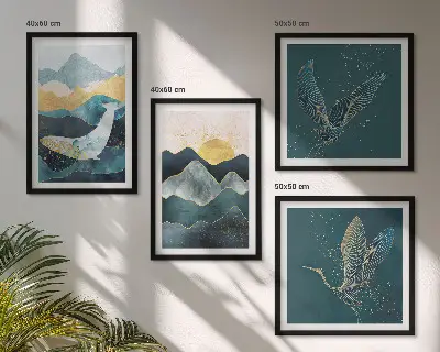 Conjunto de quadros com arte abstrata de montanhas e guindastes