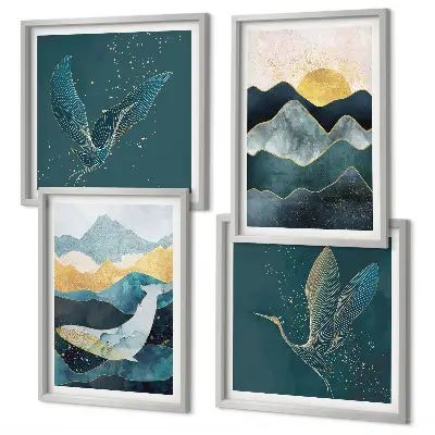 Conjunto de quadros com arte abstrata de montanhas e guindastes