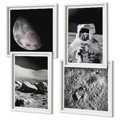 Conjunto de 4 quadros com moldura pegada de astronauta na Lua