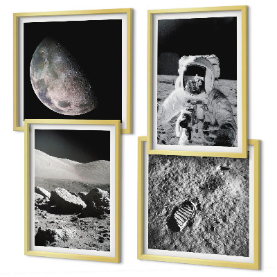 Conjunto de 4 quadros com moldura pegada de astronauta na Lua