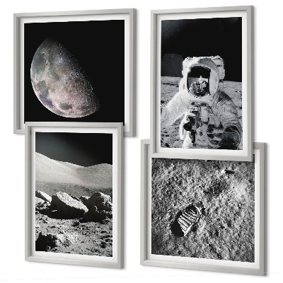 Conjunto de 4 quadros com moldura pegada de astronauta na Lua