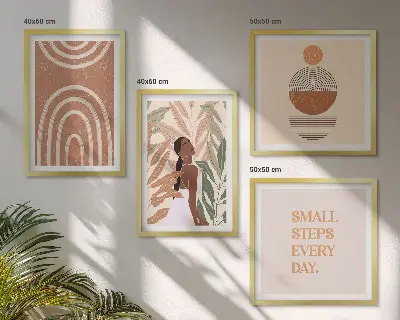 Composição de quadros com padrões geométricos e plantas elegantes