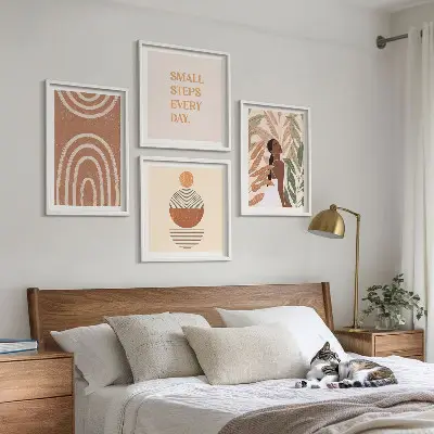 Composição de quadros com padrões geométricos e plantas elegantes