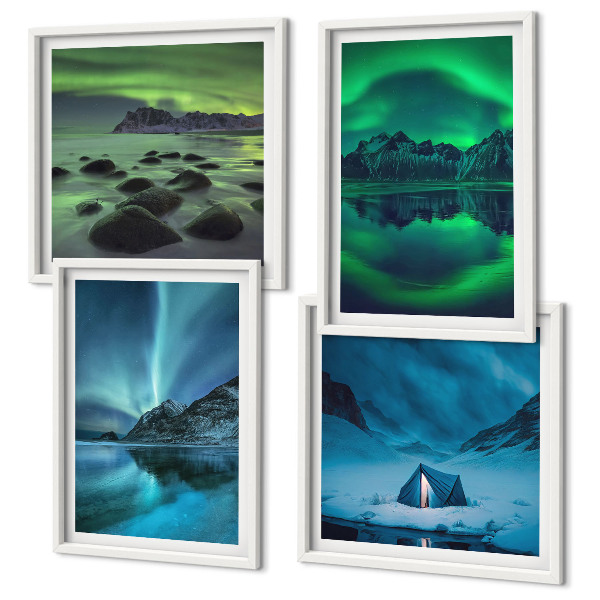 Conjunto de 4 quadros com moldura Paisagem de inverno com aurora boreal