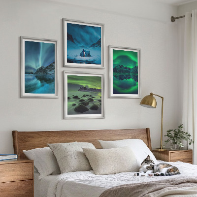 Conjunto de 4 quadros com moldura Paisagem de inverno com aurora boreal