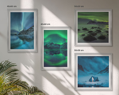 Conjunto de 4 quadros com moldura Paisagem de inverno com aurora boreal