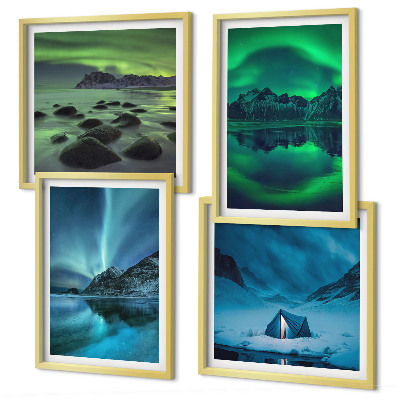 Conjunto de 4 quadros com moldura Paisagem de inverno com aurora boreal